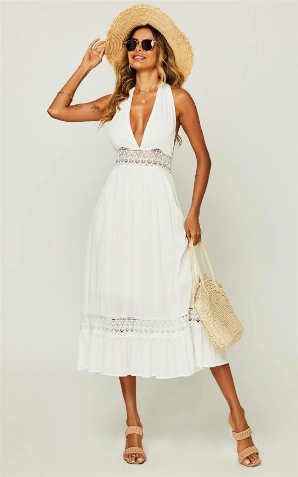 FS Collection V Neck Back Tie Detail Lace Midi Dress In Ivory White