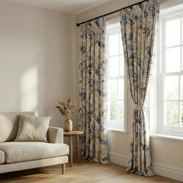 Makati made-to-measure curtains in Blue, styled in a living room