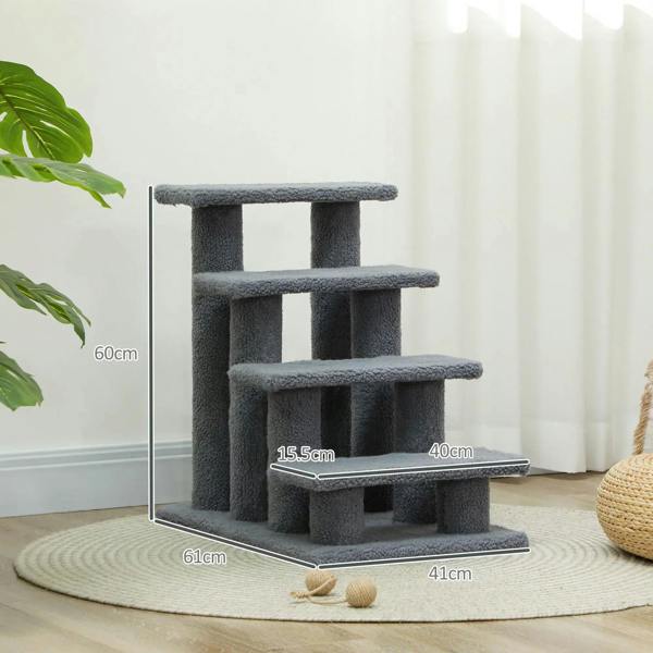 Grey 4-step pet stairs with measured dimensions, sturdy posts, and wide padded steps