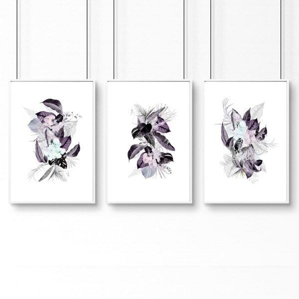 Wall decor for bathrooms | Set of 3 Tropical Purple wall art