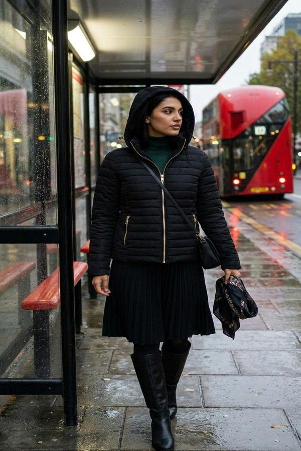 Ravina Gold Detail Hooded Puffer Jacket - Black