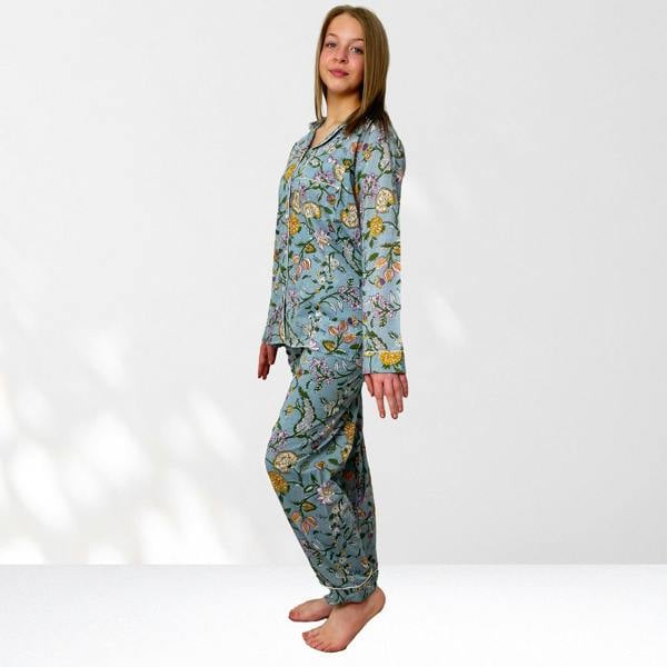 Hayley & Co Pale Blue Block Print Floral 100% Cotton Long Pyjama Set