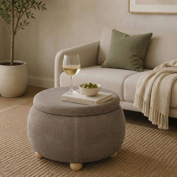 Garden Greatness Round Chenille Storage Ottoman with Tray Top