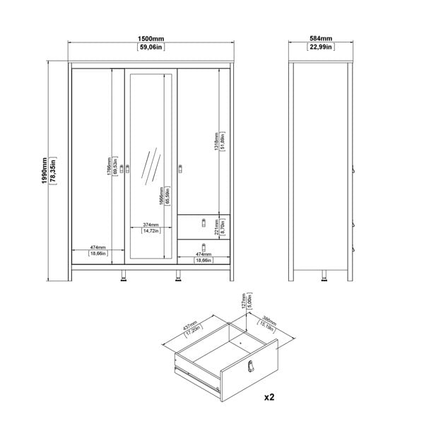 Furniture To Go Madrid Wardrobe with 2 Doors + 1 Mirror Door + 2 Drawers in Cashmere