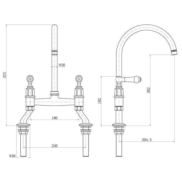 Flode Larvik | Kitchen Dual Lever Bridge Mixer Tap | Polished Brass Finish