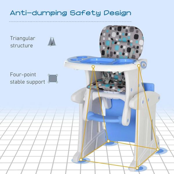 Blue baby high chair with anti-dumping design and five-point safety harness