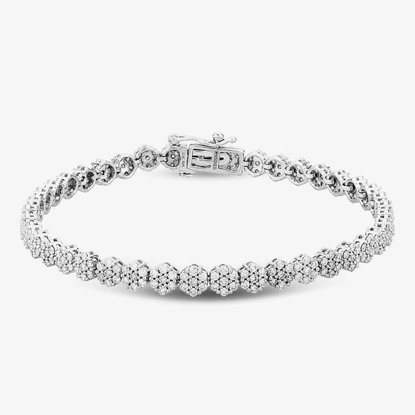 T. H. Baker 9ct White Gold 3.00ct Diamond Flower Cluster Tennis Bracelet TH0122523