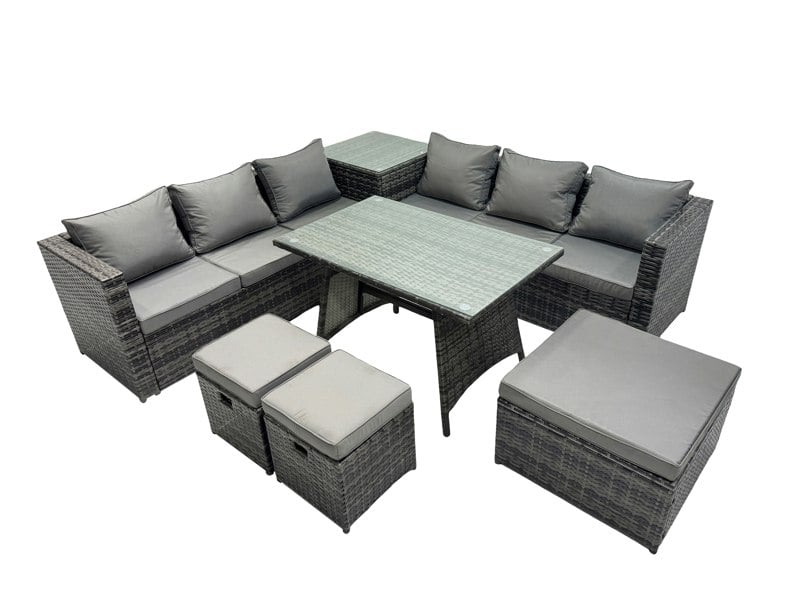 Fimous Outdoor Corner Sofa Dining Table Set Garden Rattan Furniture Set 9 Seater with Side Table 3 Stools Dark Grey