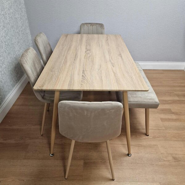 KOSY KOALA 6 Seater Modern Dining Table 140cm with Wood Effect Metal Leg and 4 Beige Chairs and Bench for Kitchen & Dining Room Furniture Set