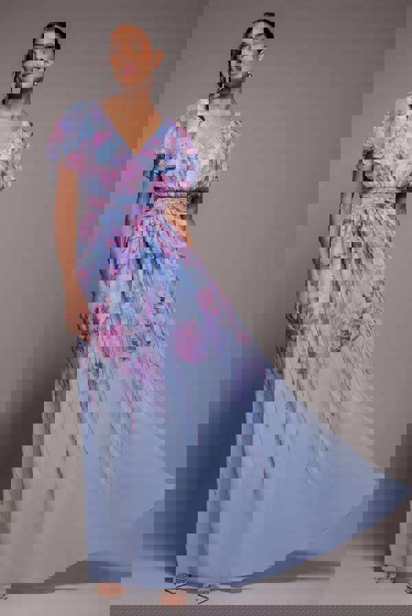 Printed Silky Chiffon Flutter Sleeve Maxi Dress - Blue DR4579