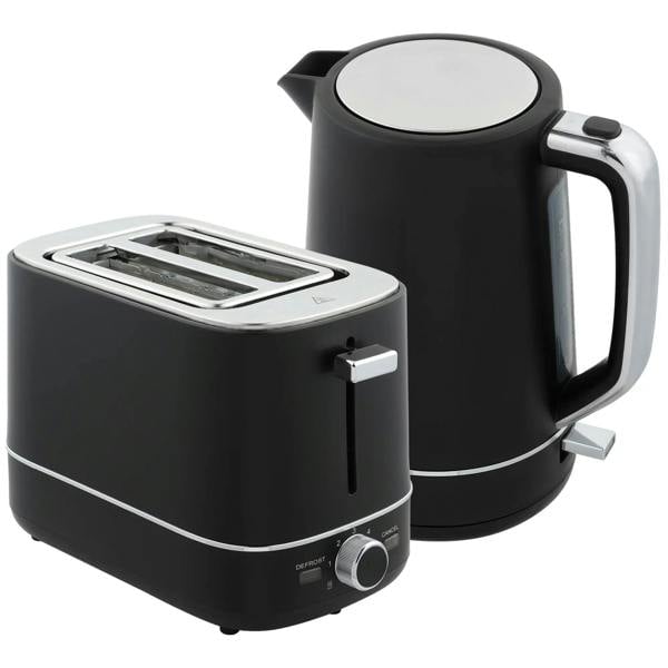 Black electric kettle and toaster set with metal accents, two-slice toaster and round kettle