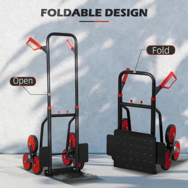 Foldable stair hand truck with black frame, red handles, and front transport plate