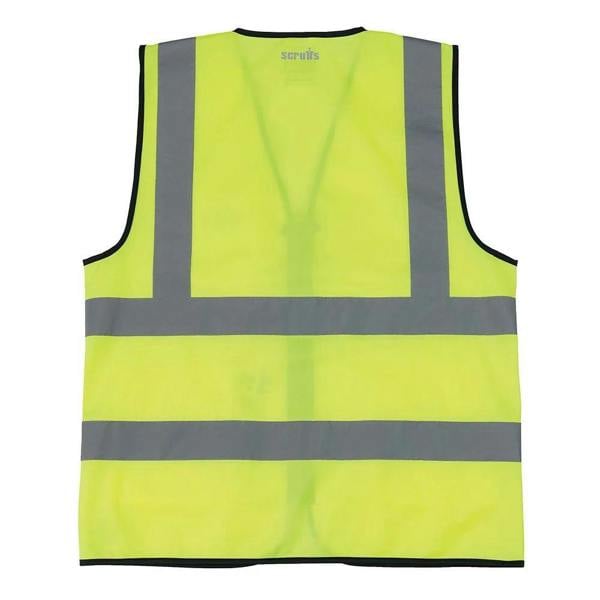 Scruffs High Visibility Mens Hi-Viz Technical Zip Up Vest, bright yellow safety vest with reflective gray stripes for visibility and safety at work.