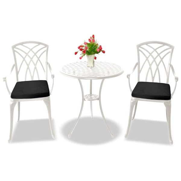 Centurion Supports OSHOWA Luxurious Garden and Patio Table and 2 Large Chairs with Armrests Cast Aluminium Bistro Set - White with Black Cushions