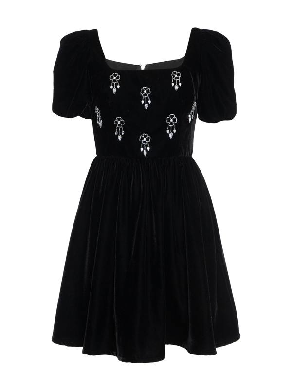 Rose & Nancy Jolene Black Hand Embellished Square Neck Velvet Mini Dress