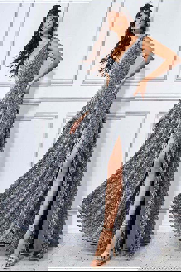 Crossover Lurex Glitter Maxi Dress - Silver DR1886C