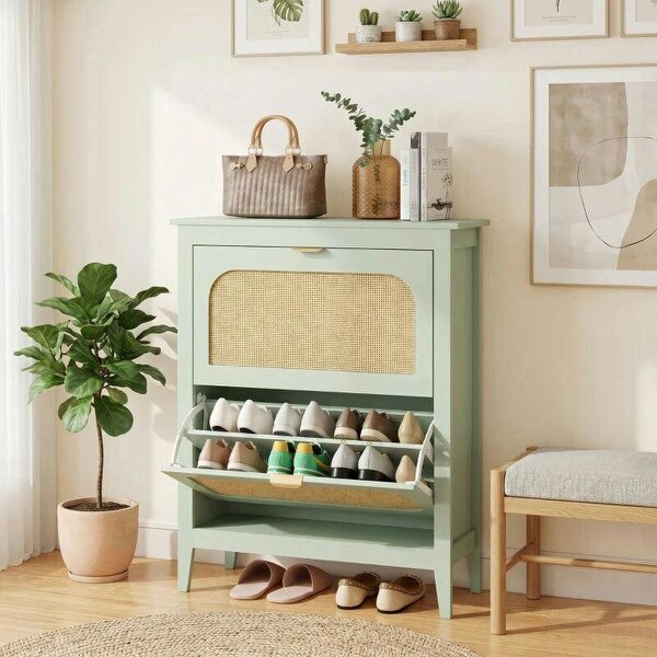 Narrow Shoe Cabinet, Boho Slim Shoe Storage Cabinet with 2 Flip Drawers, Holds 14 Pairs, Light Green