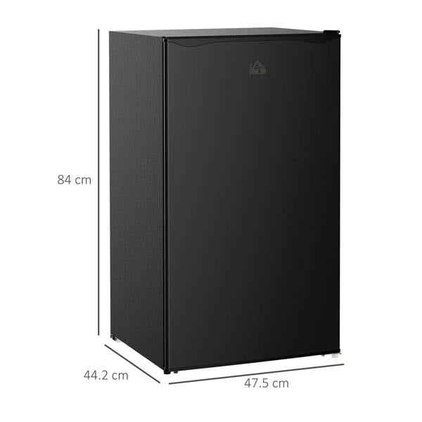 Black under-counter mini fridge shown from the side with overall dimensions