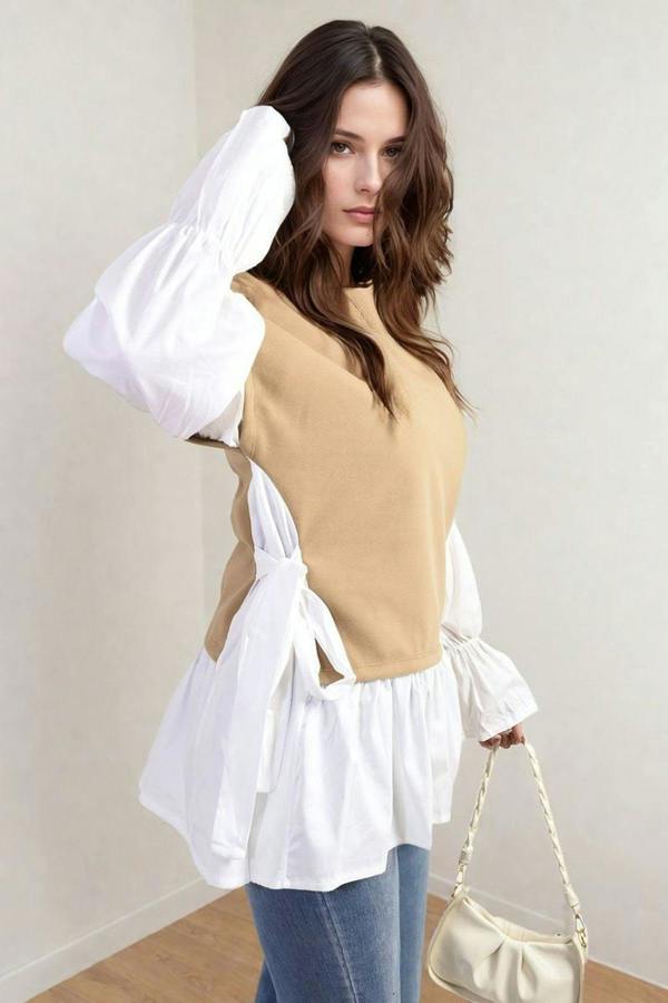 Alicia Side Tie Contrast Long Sleeve Knit Frill Top - Mocha
