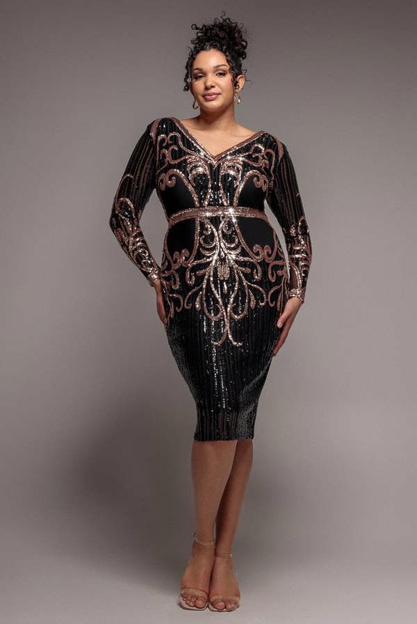 Sequin Mesh V Neck Midi Dress - Black DR3234P