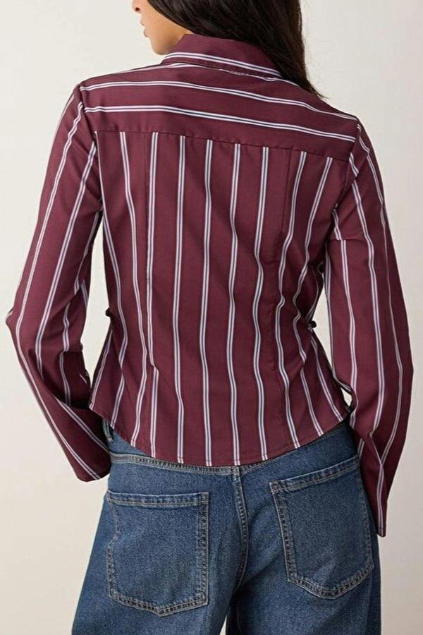 WOVCOR Striped Shirt with Adjustable Waist and Wide Sleeves