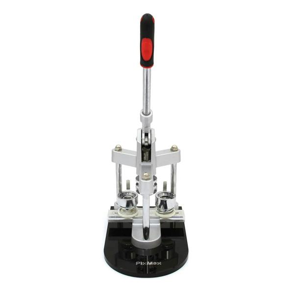 PixMax Badge Making Bundle features a sturdy silver badge press with a comfortable red handle, designed for creating custom badges