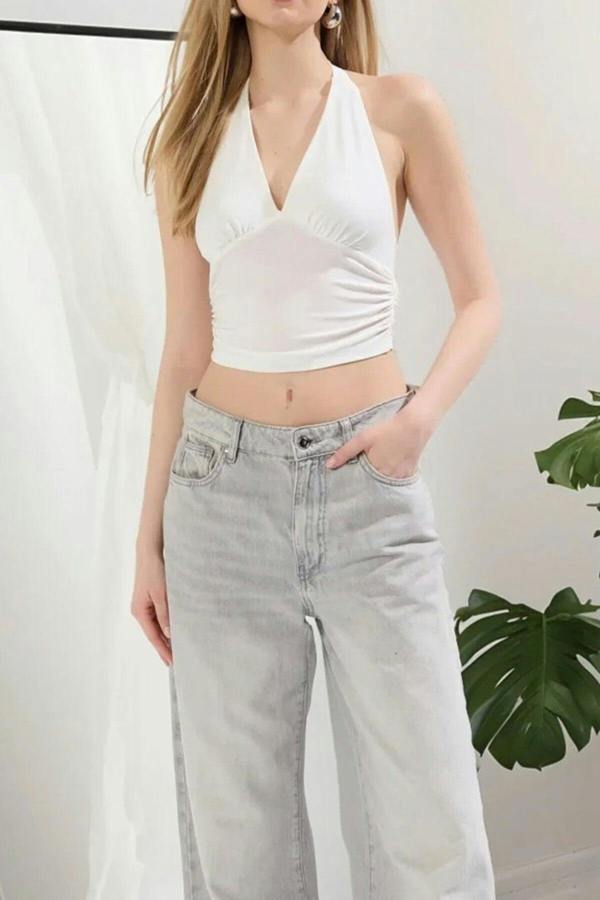WOVCOR Halter Neck Patterned Fitted Crop Knit Blouse