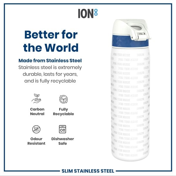 A stainless steel water bottle sits on a white background. The bottle is mostly white with a dark blue band and features repeated text: "FOR THE SHOE" and "COLTS". The surrounding text advertises its durability and recyclability.
