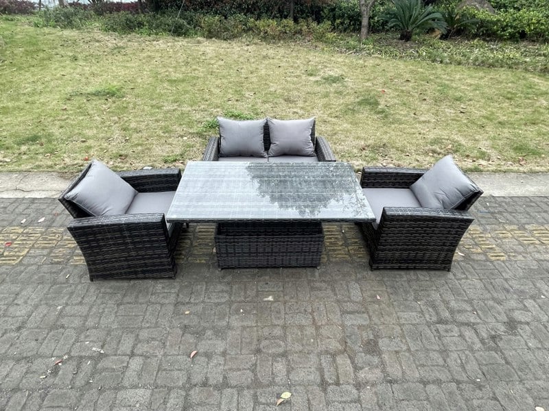 Fimous Rattan Outdoor Furniture Adjustable Rising Lifting Rectangle Dining Table Chairs Two Seater Love Sofa Sets 4 Seater