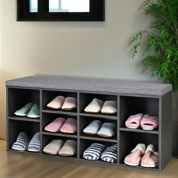 Rafaelo Mobilia Wooden Shoe Storage Bench With Cushioned Seat 104CM Grey