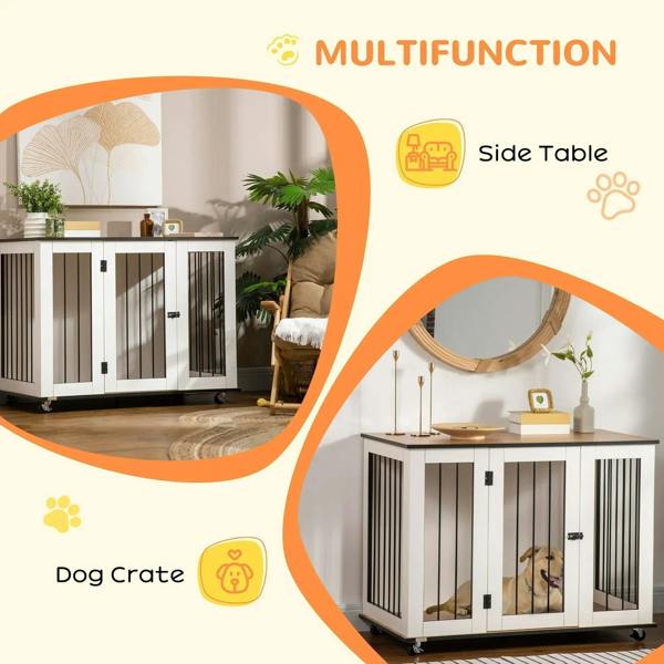 White dog crate end table in living room, brown top and barred doors on wheels