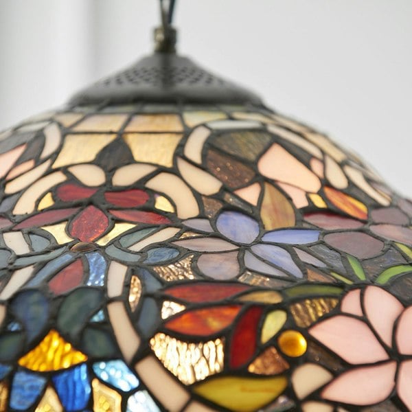 Floral Tiffany Glass Design Ceiling Pendant Light - Dark Bronze Effect Fitting