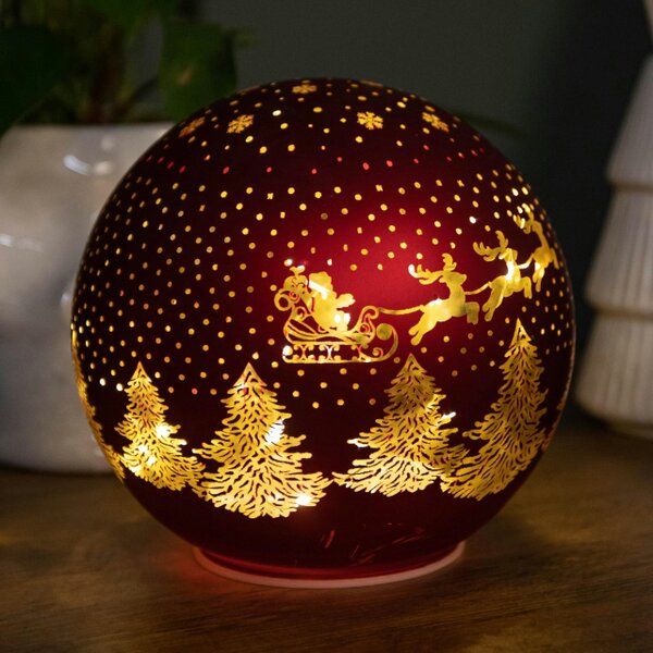 Samuel Alexander 15cm Battery Operated Light up Santa Glass Ball in Red with Warm White LEDs