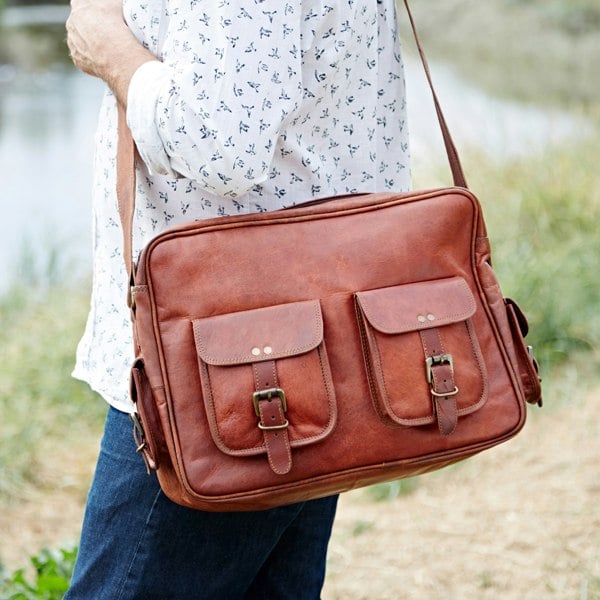 Paper High Brown Leather Satchel Style Courier Bag