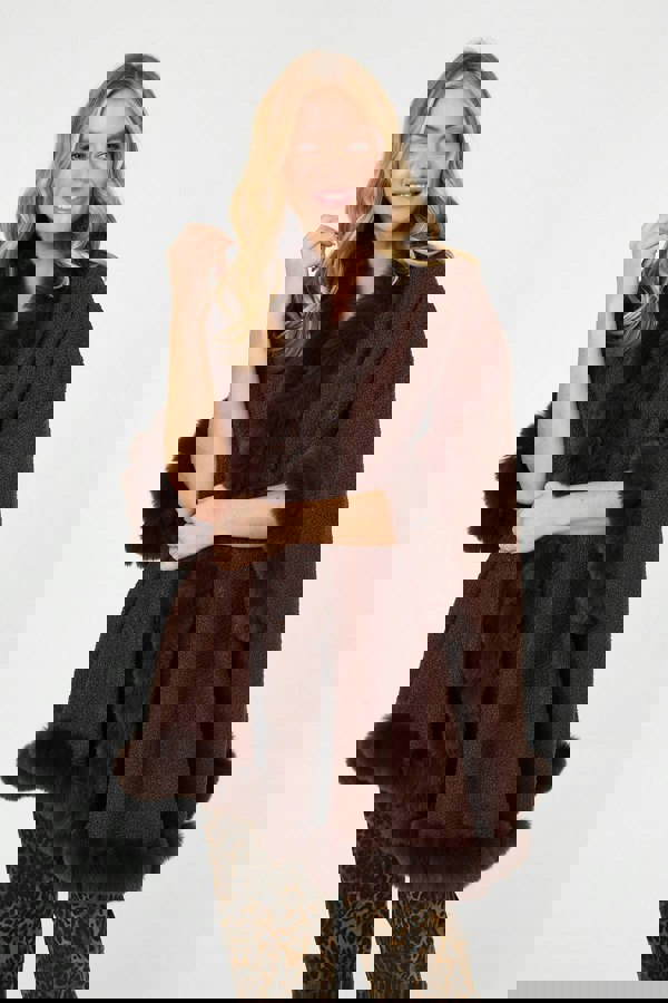 Brown | Faux Fur Trim 3/4 Sleeve Poncho
