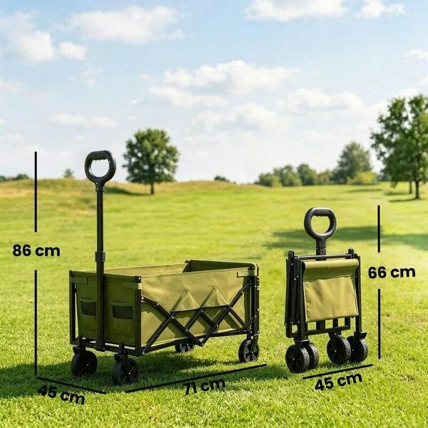 Bobobiy 60L Foldable Festival Trolley on Wheels, Collapsible Wagon Cart with Drop-Down Tailgate, Adjustable Handle, Green