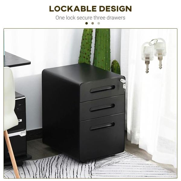 Black vertical file cabinet with three lockable drawers and metal key lock