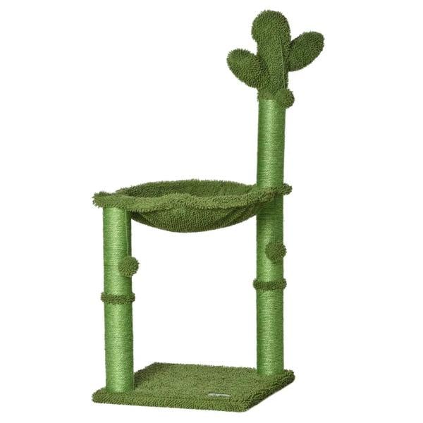 Green cactus-shaped cat tree with hammock bed and scratching post tower