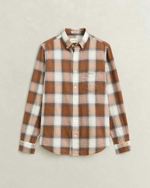 GANT Mens Regular Fit Windblown Flannel Broad Check Shirt - 273 Caramel Brown | CHO | Designer Mens Long Sleeve Shirts