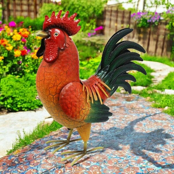EDH Door Hardware Large Metal Red Cockerel (44cm x 16cm x 36cm) – Handcrafted Rustic Rooster Garden Ornament  Farmyard Statue