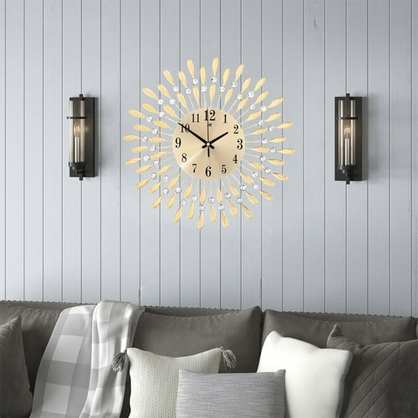 Living and Home 37.5cm Dia European Drop-Shape Metal Silent Wall Clock with Crystal, Gold