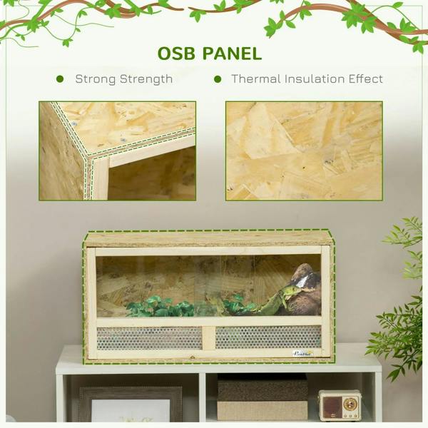 Reptile terrarium OSB panel construction graphic with front clear sliding glass window