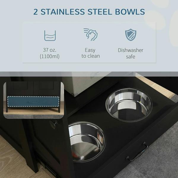 Black feeding station base with two stainless steel bowls set in a raised compartment.