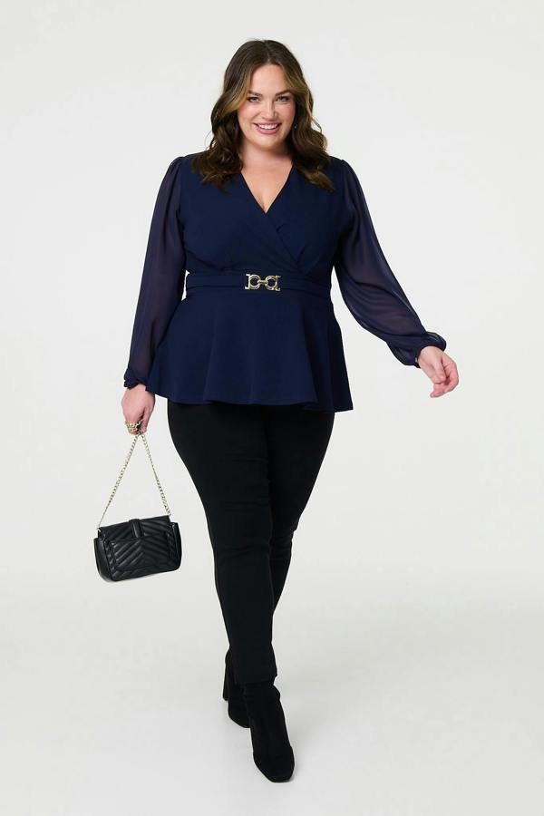 Navy | Curve Sheer Sleeve Wrap Front Blouse