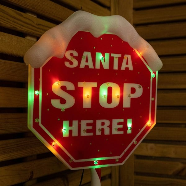 Samuel Alexander 1m Light up Red Santa Stop Here Sign with 30 Multi-Coloured LEDs