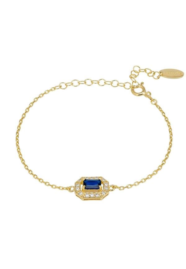Gold bracelet with a blue gemstone on a white background
