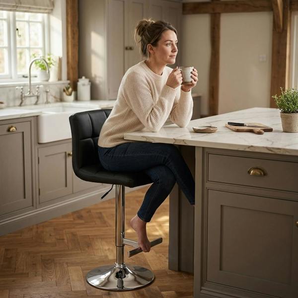 Lamboro Allegro Real Leather Adjustable Swivel Bar Stool with Backrest & Chrome Base