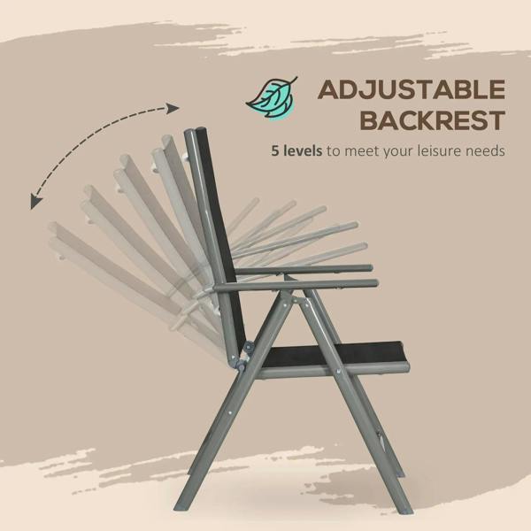 Reclining patio chair with black textilene seat and adjustable backrest on aluminum frame