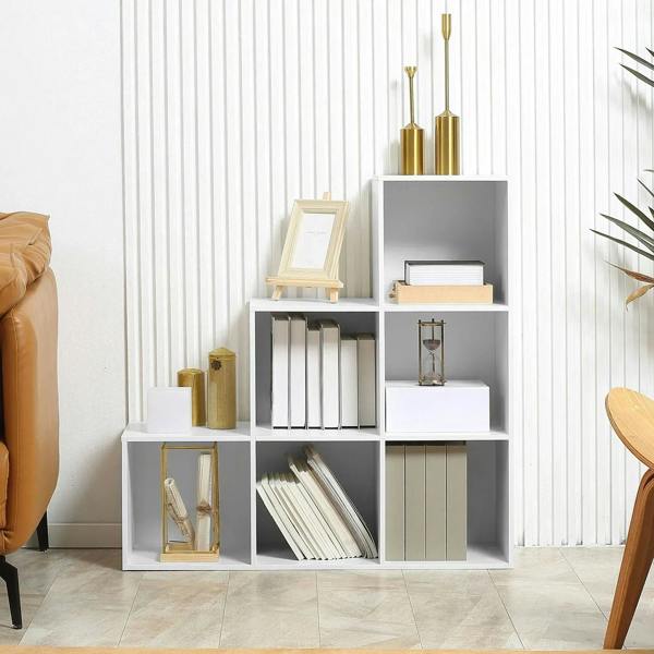White 6-cube step storage shelf unit with open compartments