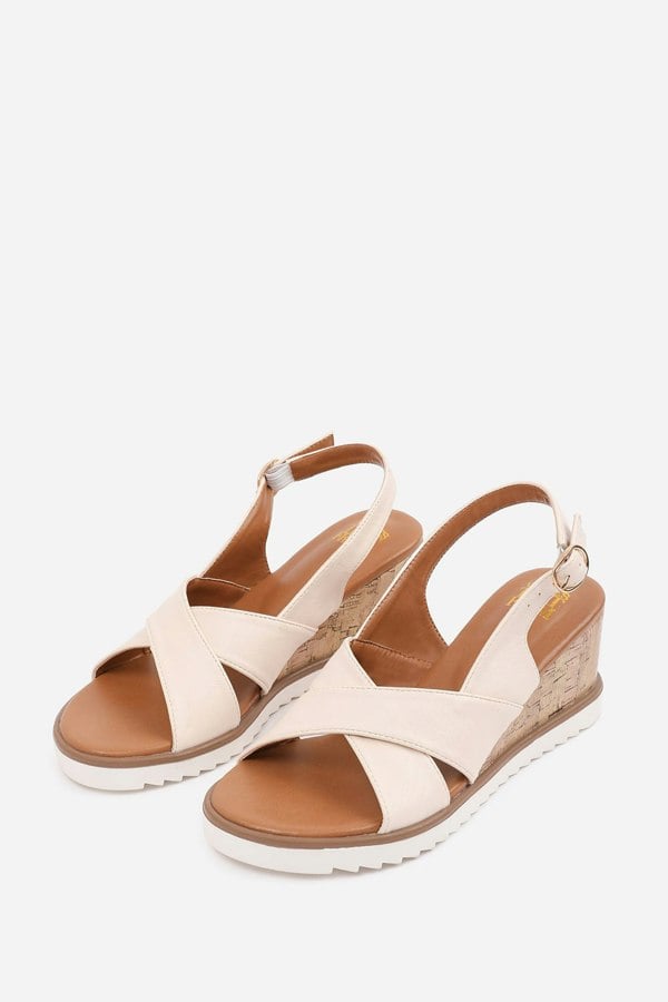 Where's That From Qween Cross Over Strap Detail Wedge Shoes With Buckle Closure in Cream Pu